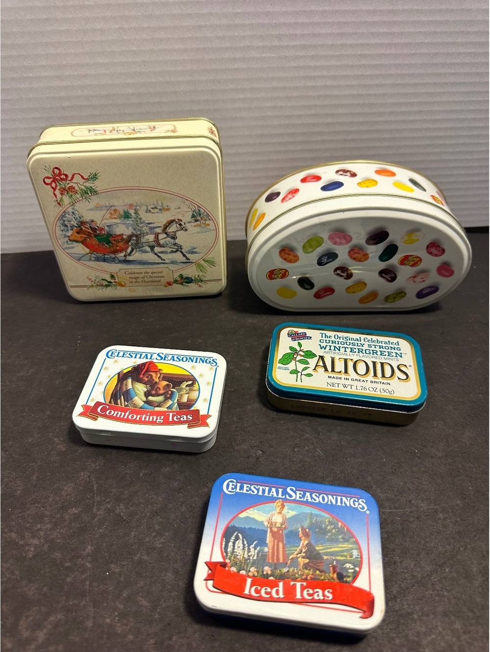 Vintage advertising tin lot Celestial Seasonings Altoids Jelly Belly Christmas